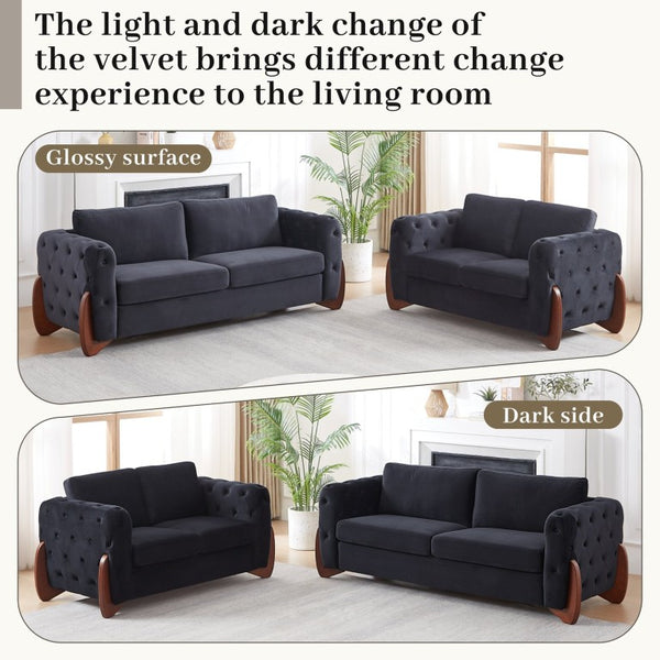 English Elm Classic Velvet Button Tufted Loveseat Set with Rubberwood Legs for Living Rooms Classic Velvet Button-Tufted Black W834S00705