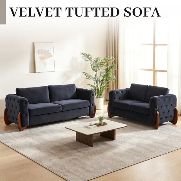 English Elm Classic Velvet Button Tufted Loveseat Set with Rubberwood Legs for Living Rooms Classic Velvet Button-Tufted Black W834S00705