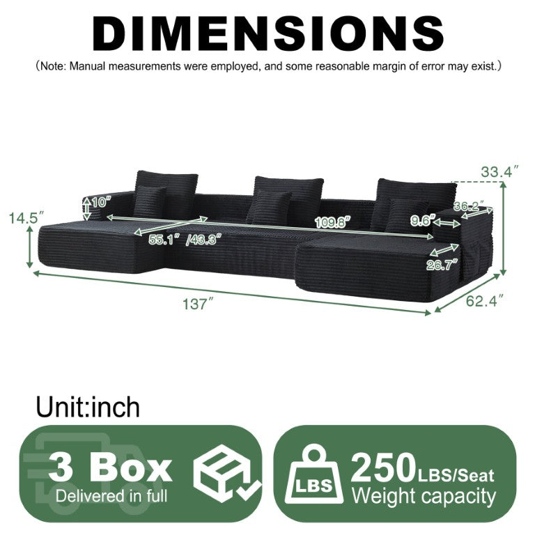 English Elm Modular Foam Sectional Sofa with Removable Armrests and Storage for Living Room Black W834S00711