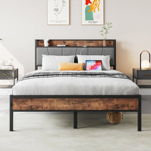 English Elm Full Size Platform Bed Gray Cotton Flax Headboard with Charging Shelf and Storage W840P179118