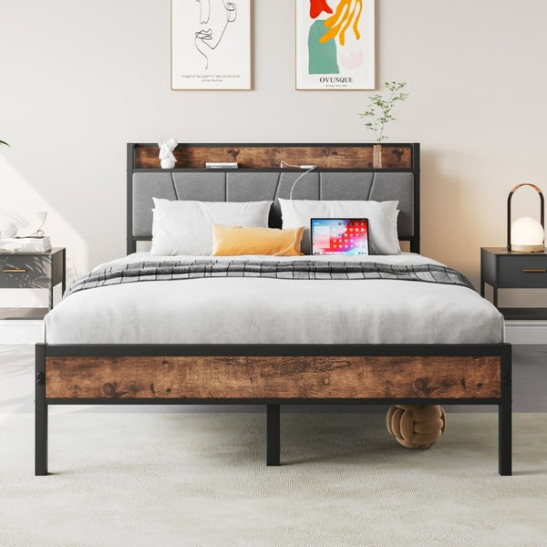 English Elm Full Size Platform Bed Gray Cotton Flax Headboard with Charging Shelf and Storage W840P179118