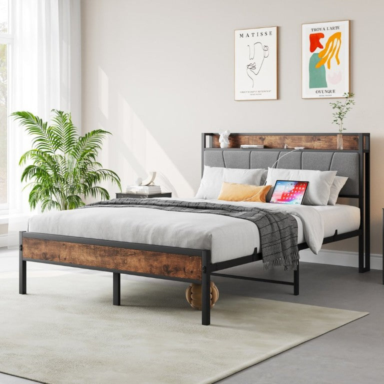 English Elm Full Size Platform Bed Gray Cotton Flax Headboard with Charging Shelf and Storage W840P179118