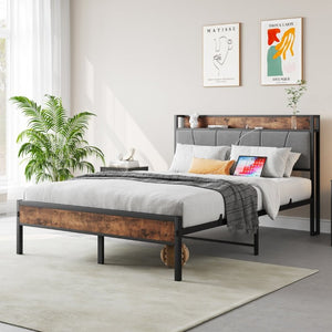 English Elm Full Size Platform Bed Gray Cotton Flax Headboard with Charging Shelf and Storage W840P179118