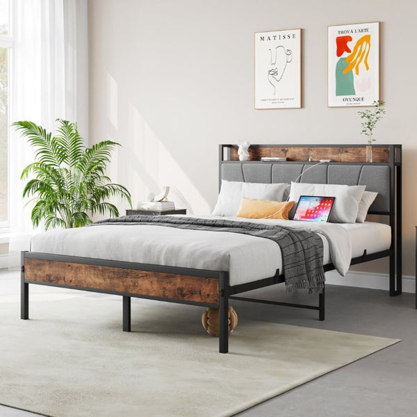 English Elm Full Size Platform Bed Gray Cotton Flax Headboard with Charging Shelf and Storage W840P179118