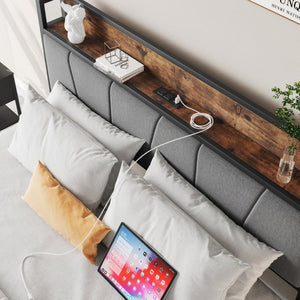 English Elm Full Size Platform Bed Gray Cotton Flax Headboard with Charging Shelf and Storage W840P179118
