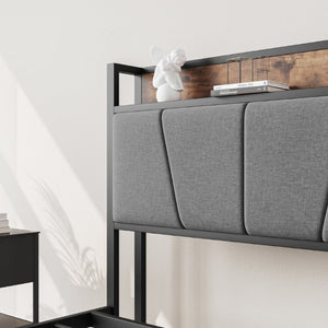 English Elm Full Size Platform Bed Gray Cotton Flax Headboard with Charging Shelf and Storage W840P179118