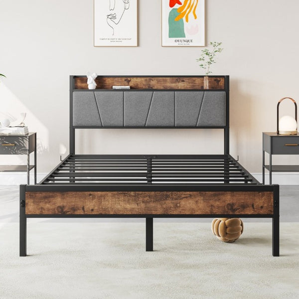 English Elm Full Size Platform Bed Gray Cotton Flax Headboard with Charging Shelf and Storage W840P179118