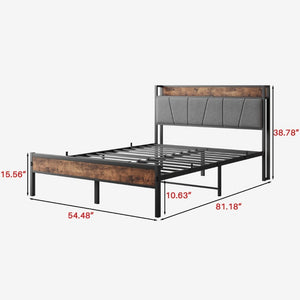 English Elm Full Size Platform Bed Gray Cotton Flax Headboard with Charging Shelf and Storage W840P179118