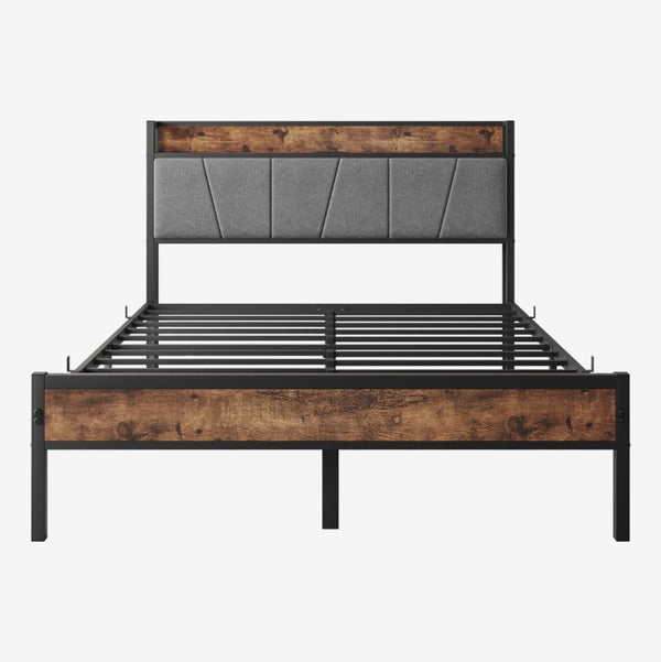 English Elm Full Size Platform Bed Gray Cotton Flax Headboard with Charging Shelf and Storage W840P179118