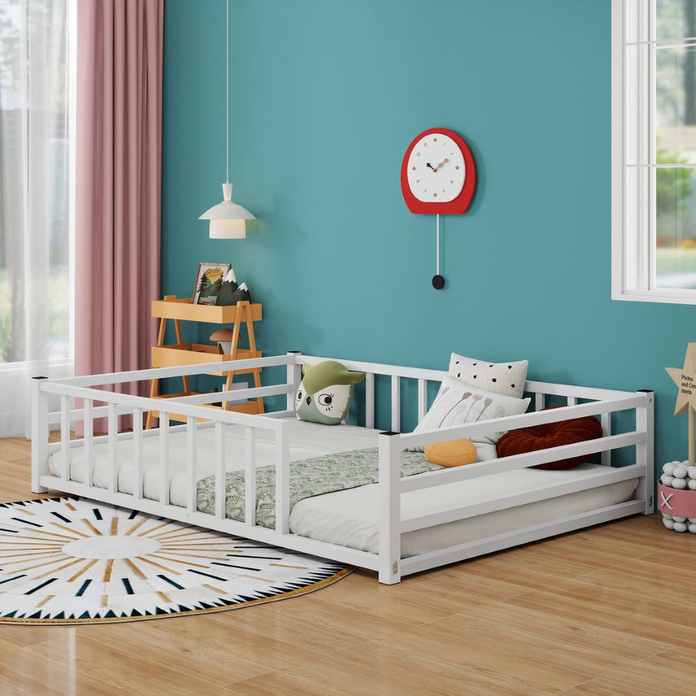 English Elm Full Size Montessori Floor Bed Low Metal Frame with Guardrails for Toddler Rooms W840P464023