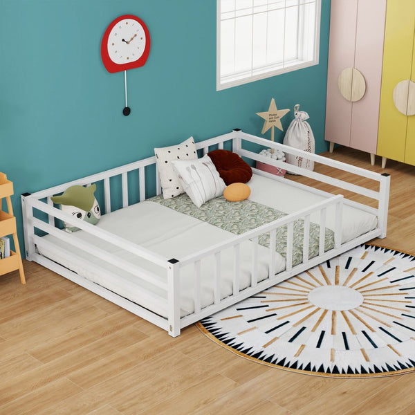 English Elm Full Size Montessori Floor Bed Low Metal Frame with Guardrails for Toddler Rooms W840P464023