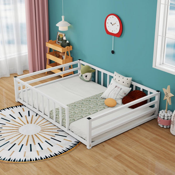 English Elm Full Size Montessori Floor Bed Low Metal Frame with Guardrails for Toddler Rooms W840P464023