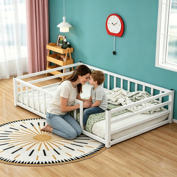 English Elm Full Size Montessori Floor Bed Low Metal Frame with Guardrails for Toddler Rooms W840P464023