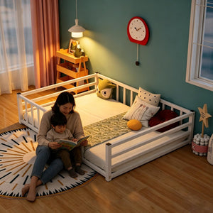 English Elm Full Size Montessori Floor Bed Low Metal Frame with Guardrails for Toddler Rooms W840P464023