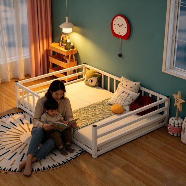 English Elm Full Size Montessori Floor Bed Low Metal Frame with Guardrails for Toddler Rooms W840P464023