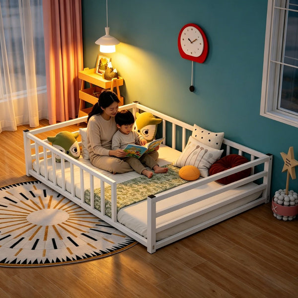 English Elm Full Size Montessori Floor Bed Low Metal Frame with Guardrails for Toddler Rooms W840P464023