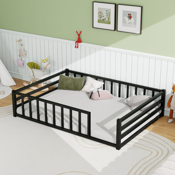 English Elm Full Size Low Profile Steel Floor Bed with Guardrails and Door for Toddler Safety W840P464024