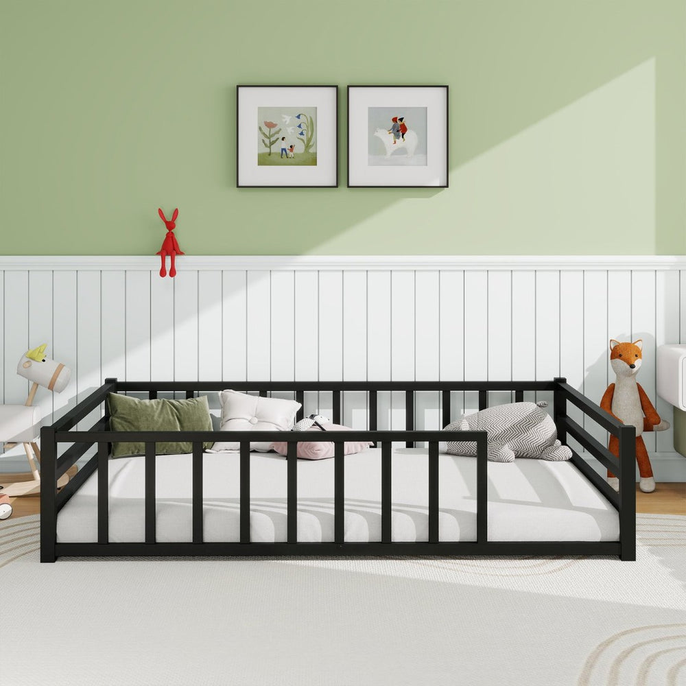English Elm Full Size Low Profile Steel Floor Bed with Guardrails and Door for Toddler Safety W840P464024