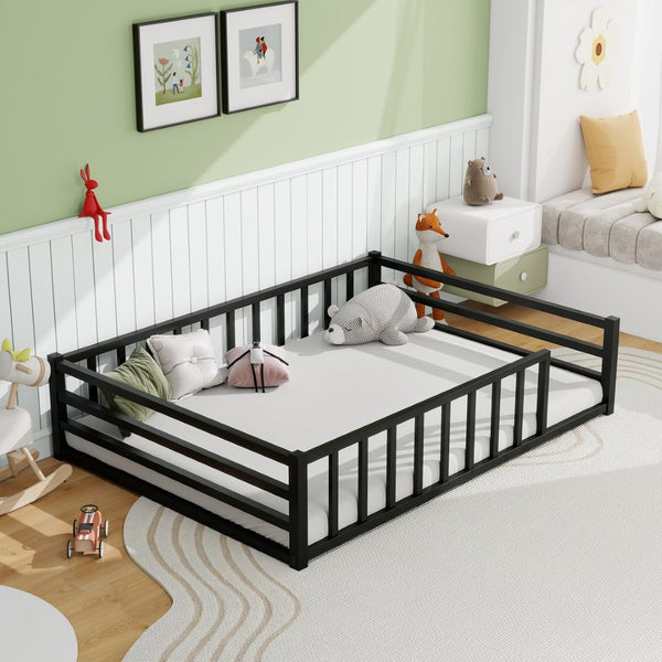 English Elm Full Size Low Profile Steel Floor Bed with Guardrails and Door for Toddler Safety W840P464024