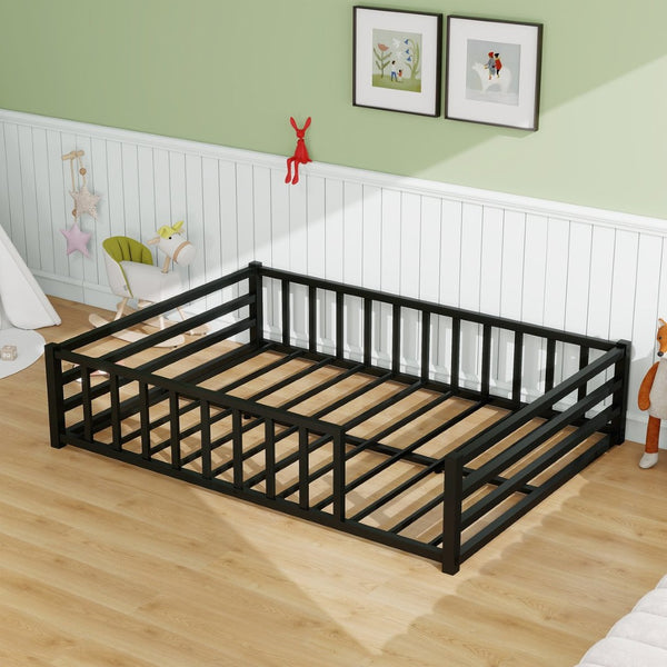English Elm Full Size Low Profile Steel Floor Bed with Guardrails and Door for Toddler Safety W840P464024