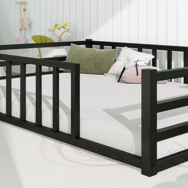 English Elm Full Size Low Profile Steel Floor Bed with Guardrails and Door for Toddler Safety W840P464024
