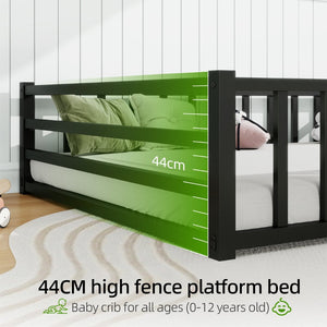 English Elm Full Size Low Profile Steel Floor Bed with Guardrails and Door for Toddler Safety W840P464024