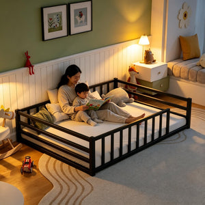 English Elm Full Size Low Profile Steel Floor Bed with Guardrails and Door for Toddler Safety W840P464024