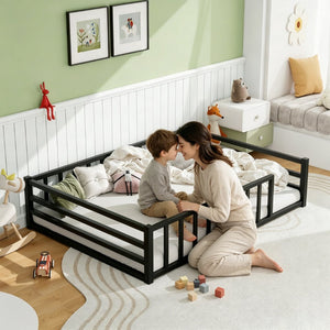 English Elm Full Size Low Profile Steel Floor Bed with Guardrails and Door for Toddler Safety W840P464024