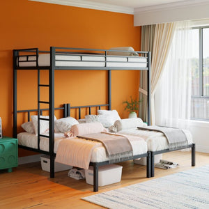 English Elm Twin Over Triple Bunk Bed Powder Coated Steel Frame with Guardrails for Shared Rooms Black W840S00002