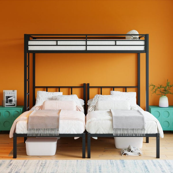 English Elm Twin Over Triple Bunk Bed Powder Coated Steel Frame with Guardrails for Shared Rooms Black W840S00002