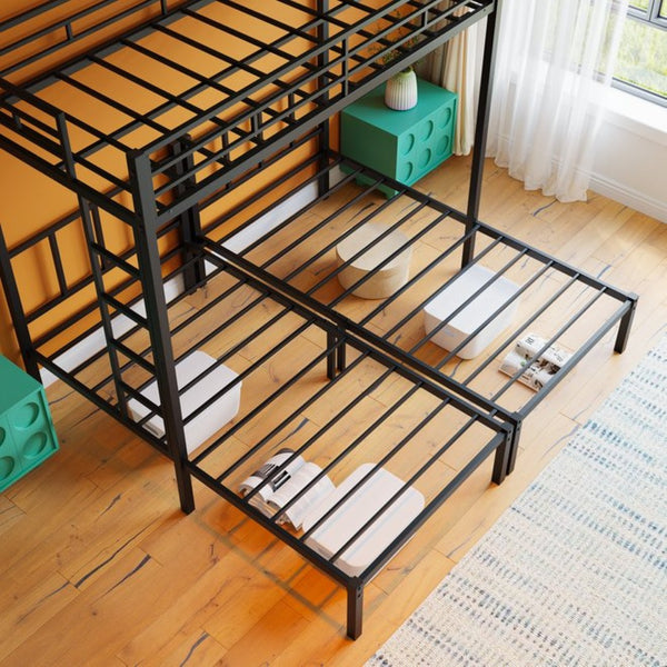 English Elm Twin Over Triple Bunk Bed Powder Coated Steel Frame with Guardrails for Shared Rooms Black W840S00002