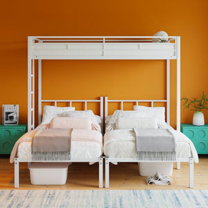 English Elm Twin Over Triple Bunk Bed Powder Coated Steel Frame with Guardrails for Shared Rooms White W840S00003