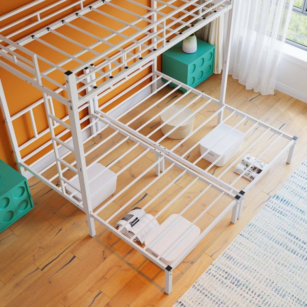 English Elm Twin Over Triple Bunk Bed Powder Coated Steel Frame with Guardrails for Shared Rooms White W840S00003