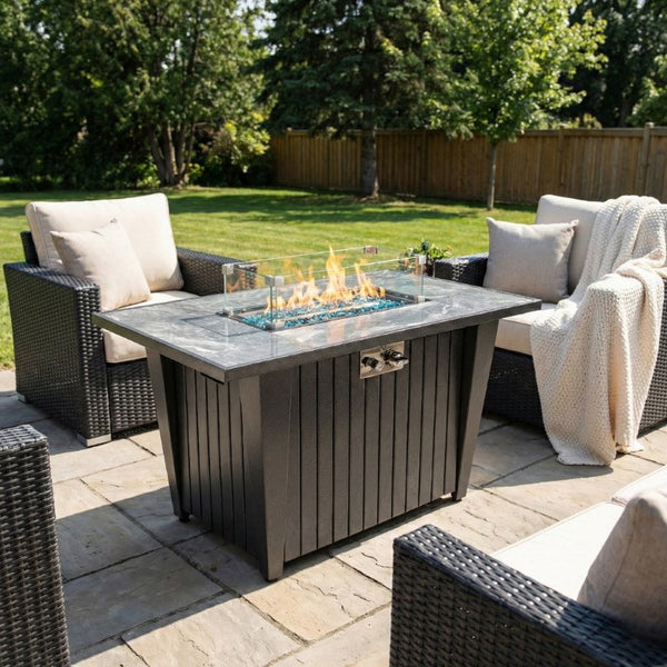 English Elm 42 Inch Rectangular Propane Fire Pit Table with Marble Tile Top and Glass Wind Guard W853120888