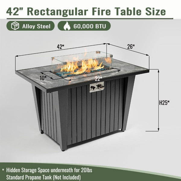 English Elm 42 Inch Rectangular Propane Fire Pit Table with Marble Tile Top and Glass Wind Guard W853120888