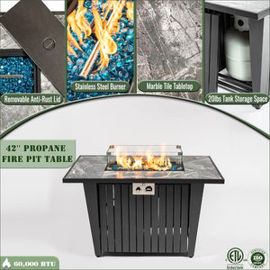 English Elm 42 Inch Rectangular Propane Fire Pit Table with Marble Tile Top and Glass Wind Guard W853120888