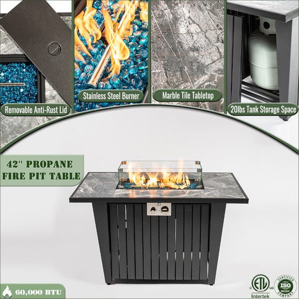 English Elm 42 Inch Rectangular Propane Fire Pit Table with Marble Tile Top and Glass Wind Guard W853120888