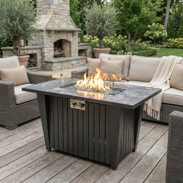 English Elm 42 Inch Rectangular Propane Fire Pit Table with Marble Tile Top and Glass Wind Guard W853120888