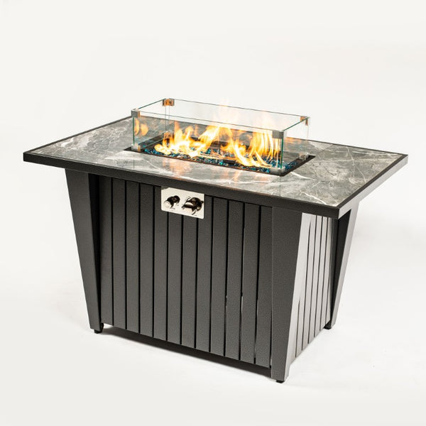 English Elm 42 Inch Rectangular Propane Fire Pit Table with Marble Tile Top and Glass Wind Guard W853120888