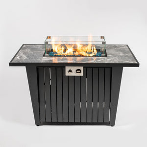 English Elm 42 Inch Rectangular Propane Fire Pit Table with Marble Tile Top and Glass Wind Guard W853120888