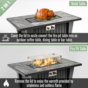 English Elm 42 Inch Rectangular Propane Fire Pit Table with Marble Tile Top and Glass Wind Guard W853120888