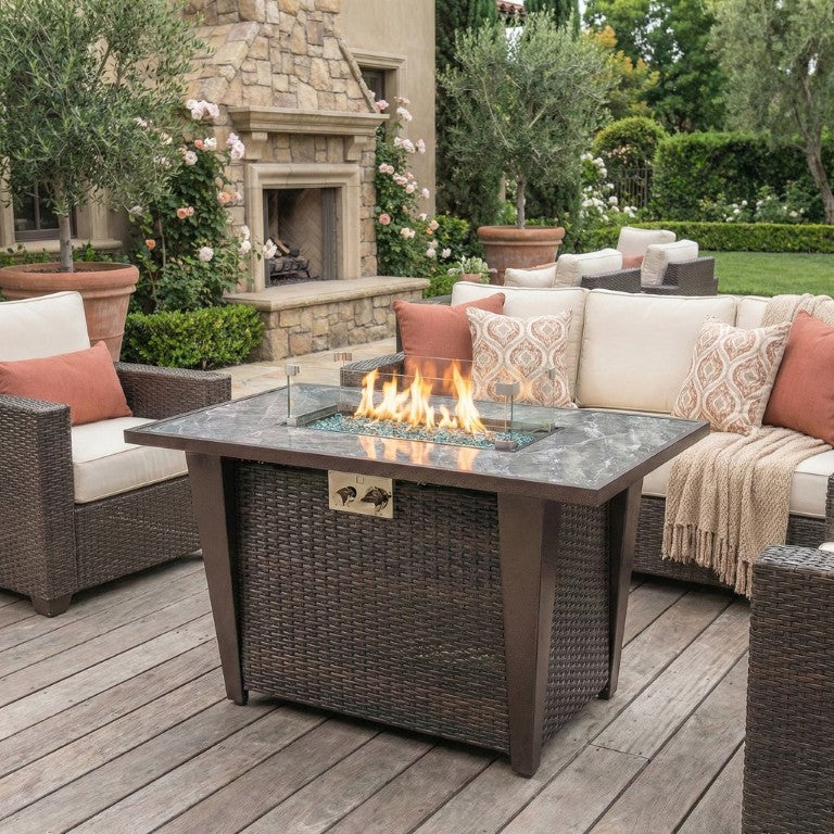 English Elm 42 Inch Square Propane Fire Pit Table with Wicker Panels and Ceramic Tile Top for Patio W853120901