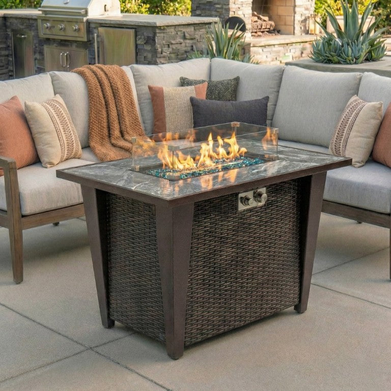 English Elm 42 Inch Square Propane Fire Pit Table with Wicker Panels and Ceramic Tile Top for Patio W853120901