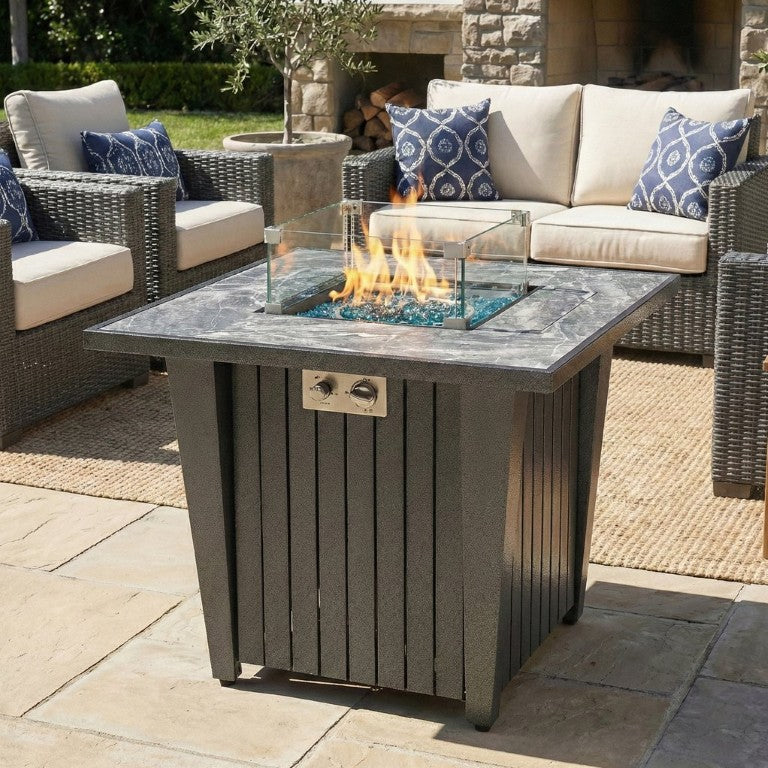 English Elm 32 Inch Propane Fire Pit Table with Marble Tile Top Glass Beads and Wind Guard for Patio W853120902