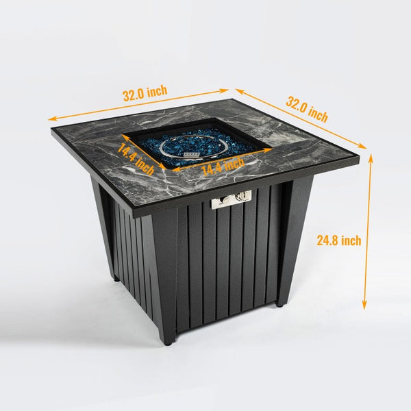 English Elm 32 Inch Propane Fire Pit Table with Marble Tile Top Glass Beads and Wind Guard for Patio W853120902