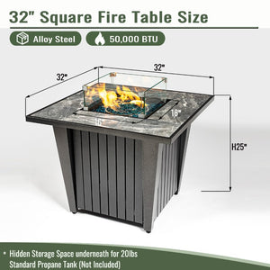 English Elm 32 Inch Propane Fire Pit Table with Marble Tile Top Glass Beads and Wind Guard for Patio W853120902
