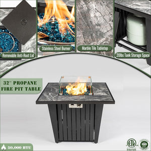 English Elm 32 Inch Propane Fire Pit Table with Marble Tile Top Glass Beads and Wind Guard for Patio W853120902