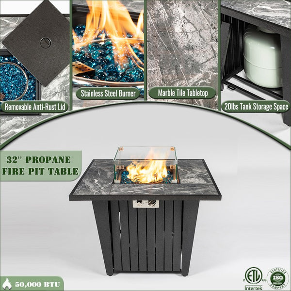English Elm 32 Inch Propane Fire Pit Table with Marble Tile Top Glass Beads and Wind Guard for Patio W853120902