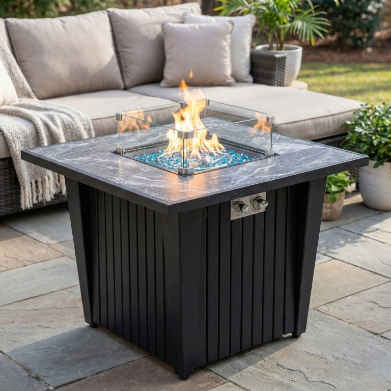 English Elm 32 Inch Propane Fire Pit Table with Marble Tile Top Glass Beads and Wind Guard for Patio W853120902