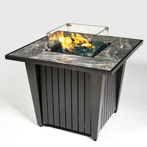 English Elm 32 Inch Propane Fire Pit Table with Marble Tile Top Glass Beads and Wind Guard for Patio W853120902